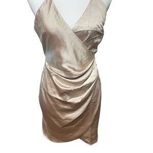 By Blush - Shimmering Cream Colored Ruched Wrap Midi Dress, NWT, Size Large